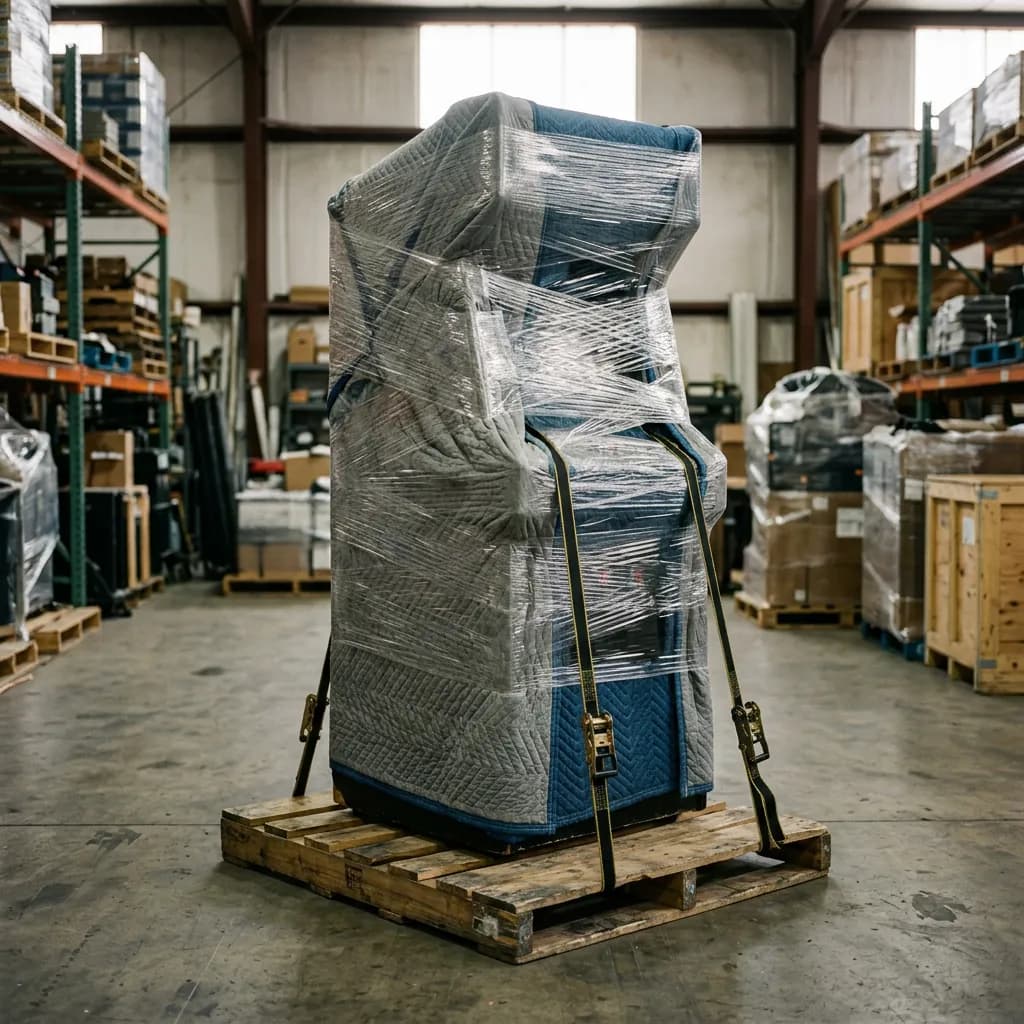 An upright arcade cabinet wrapped in moving blankets on a pallet