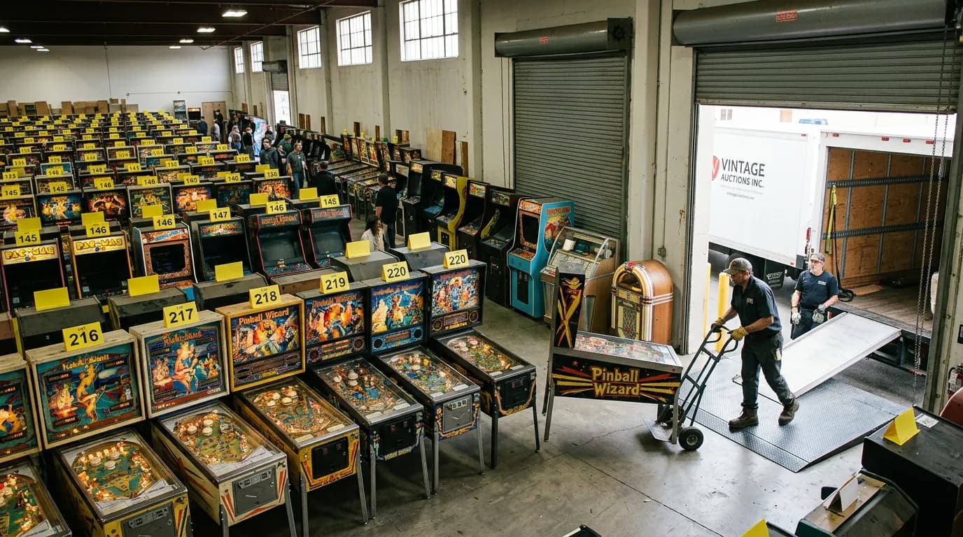 Freight crew loading a pinball machine from an auction warehouse onto a truck
