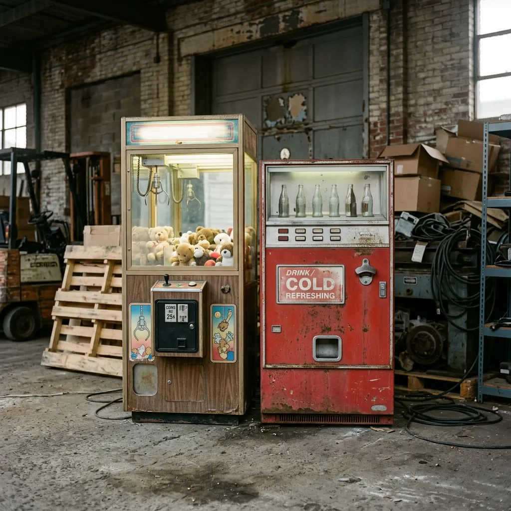 A claw crane game and a retro vending machine in a warehouse