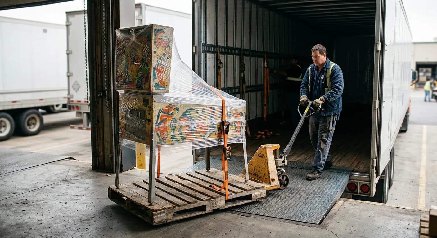 A pinball machine with legs removed, shrink-wrapped and strapped to a pallet, being loaded into a freight truck