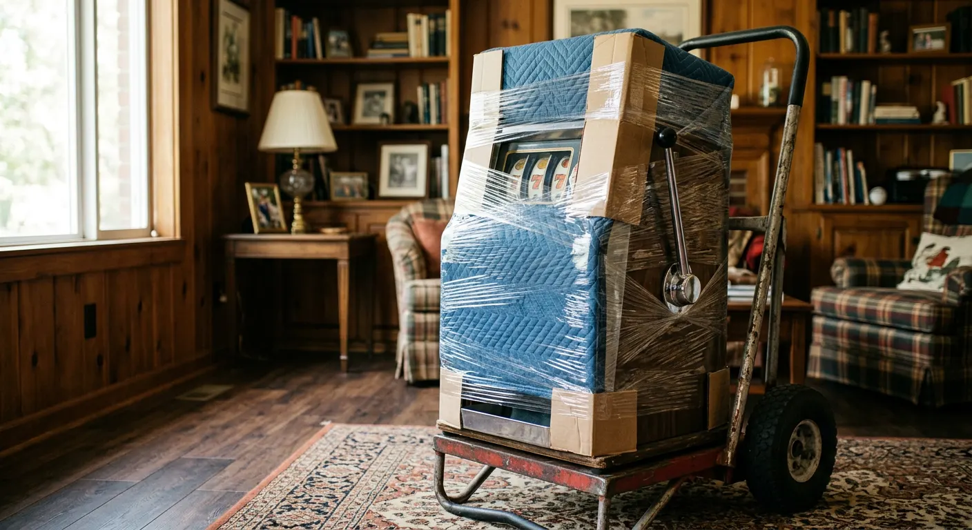 Inherited vintage slot machine wrapped in moving blankets and ready to ship