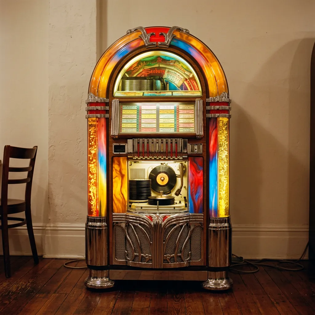 A vintage chrome jukebox with glowing bubble tubes