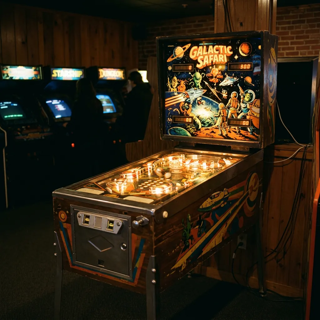 A classic pinball machine with a glowing backglass