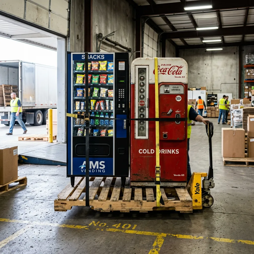 A retro soda vending machine wrapped and strapped to a freight pallet